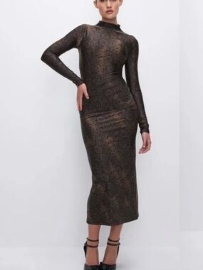 Good American Metallic Snake-Print Long Sleeve Midi Dress in Bronze (A)